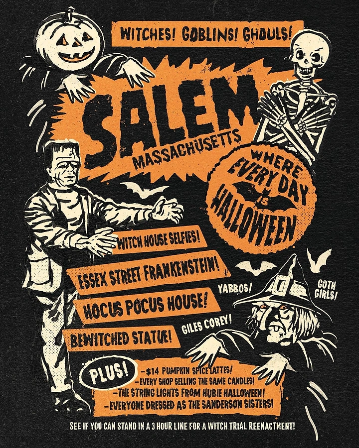 Halloween creative ad: Vintage monster cast around a Salem title