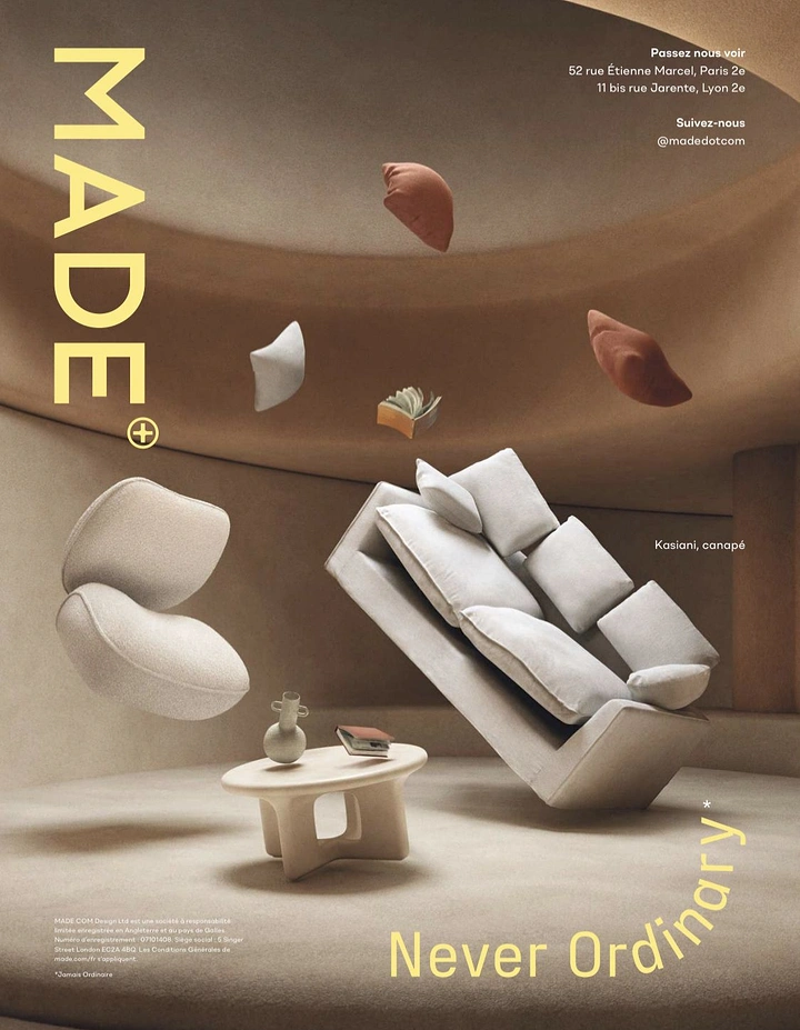 Creative ad: Tilted sofa and cushions floating in a curved beige room