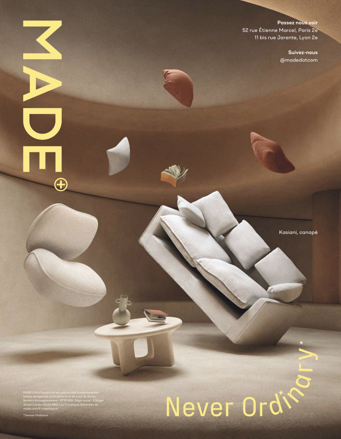Poster: Tilted sofa and cushions floating in a curved beige room