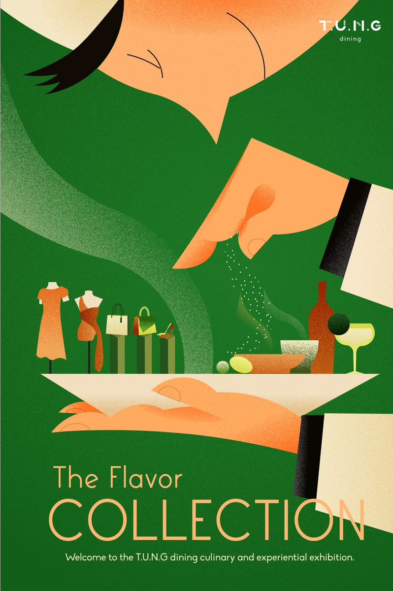 Poster: Waiter's hand holding a tray of fashion items and dishes