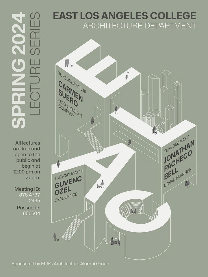 Architects & Architecture Firms creative ad: Isometric white letterform buildings spelling ELAC with tiny people