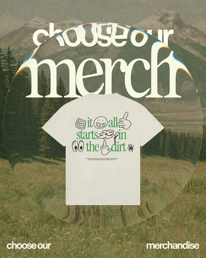 Print-on-Demand & Merch creative ad: Cream t-shirt with green doodle print inside a glass lens