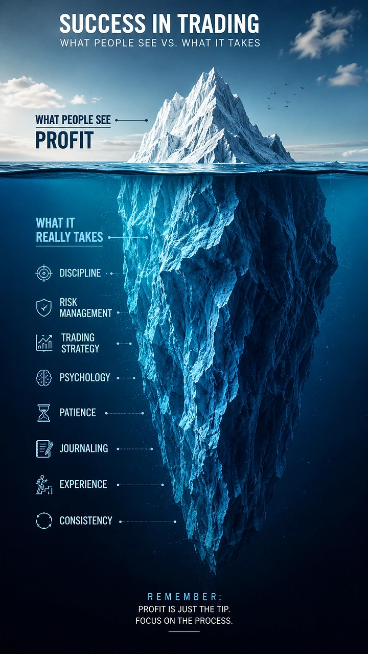 Stock Brokers & Investing creative ad: Iceberg metaphor: profit vs hidden work