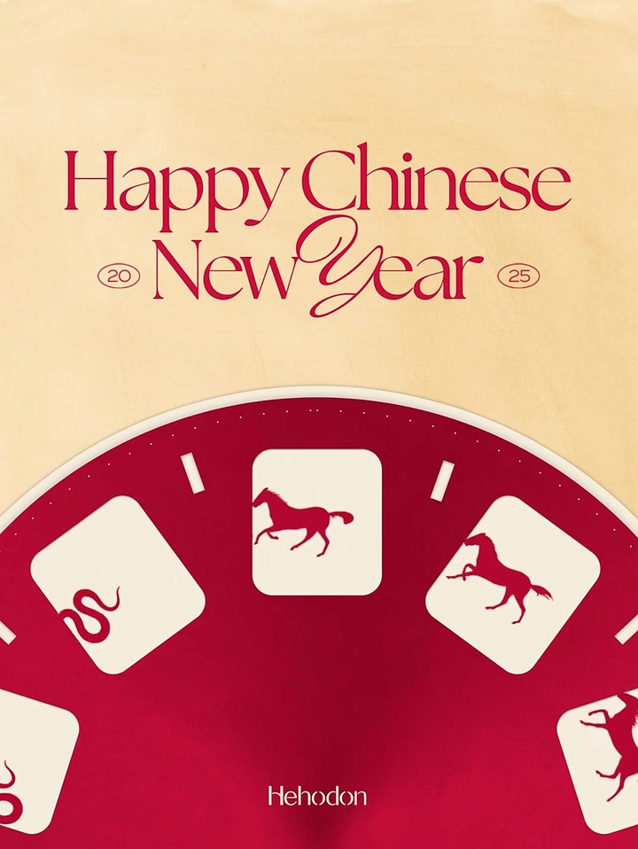 Lunar New Year creative ad: Red zodiac dial showing horse and snake tiles
