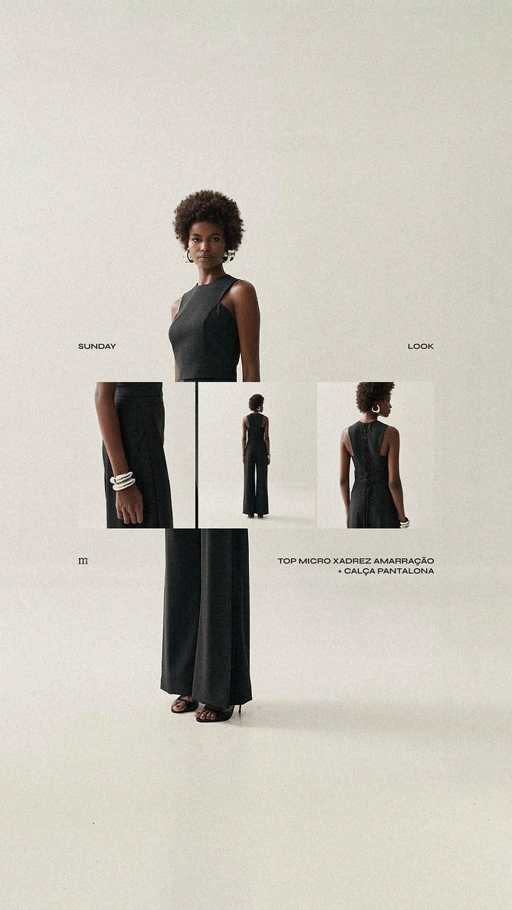 Creative ad: Model in black sleeveless top and wide-leg trousers, with three inset detail shots