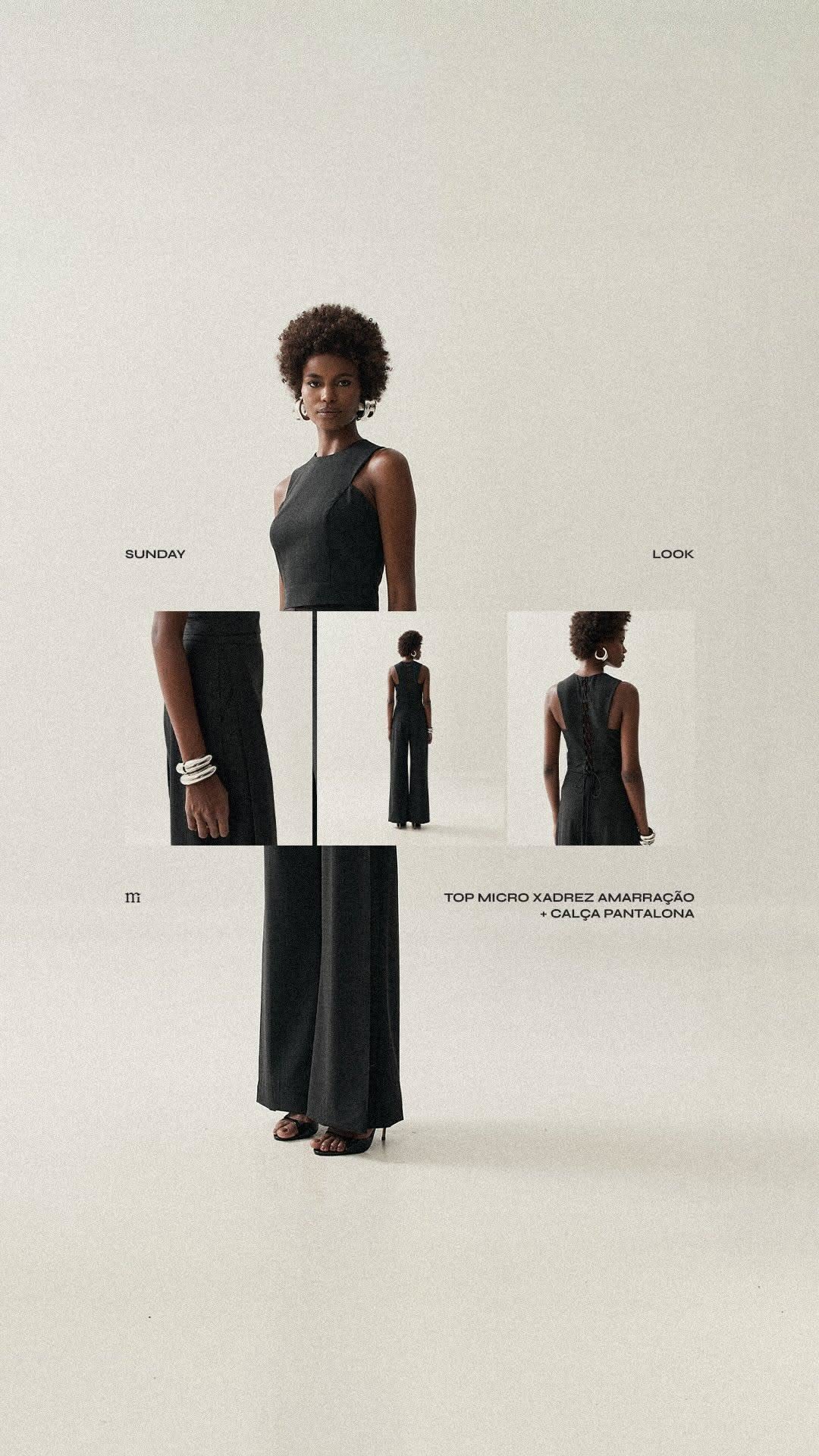 Story: Model in black sleeveless top and wide-leg trousers, with three inset detail shots