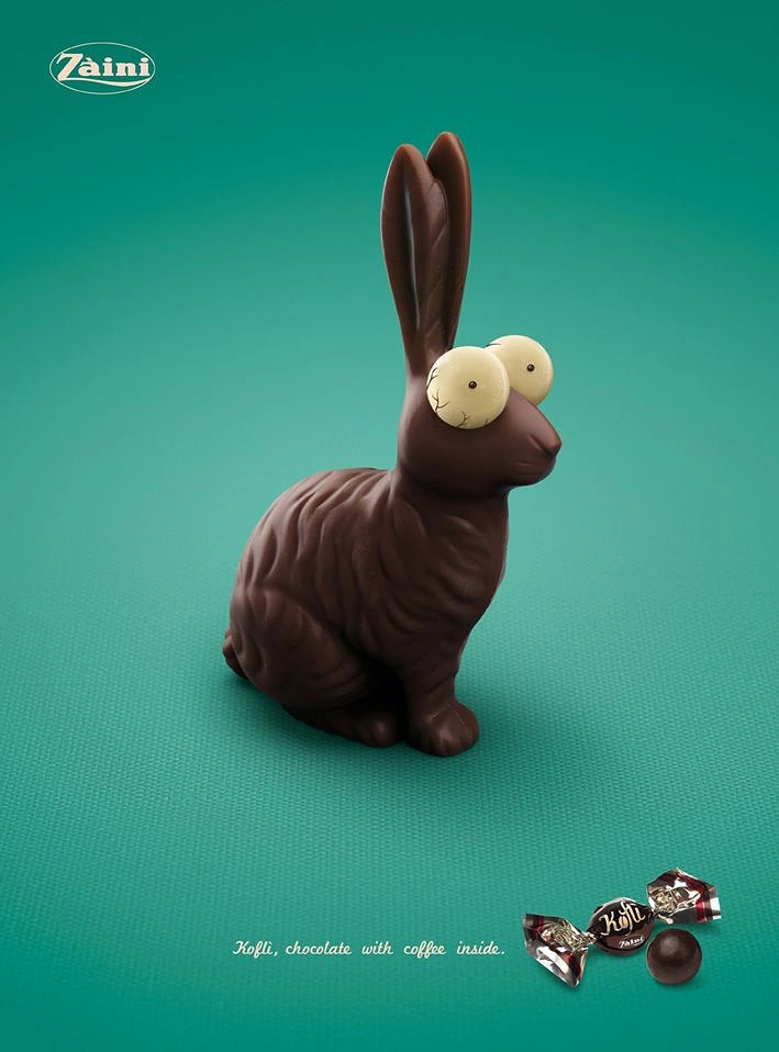 Easter creative ad: Wide-eyed chocolate Easter bunny, wired on caffeine