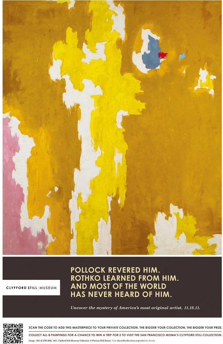 Museums & Art Galleries creative ad: Abstract yellow, white, pink, and blue painting promoted as a mystery discovery