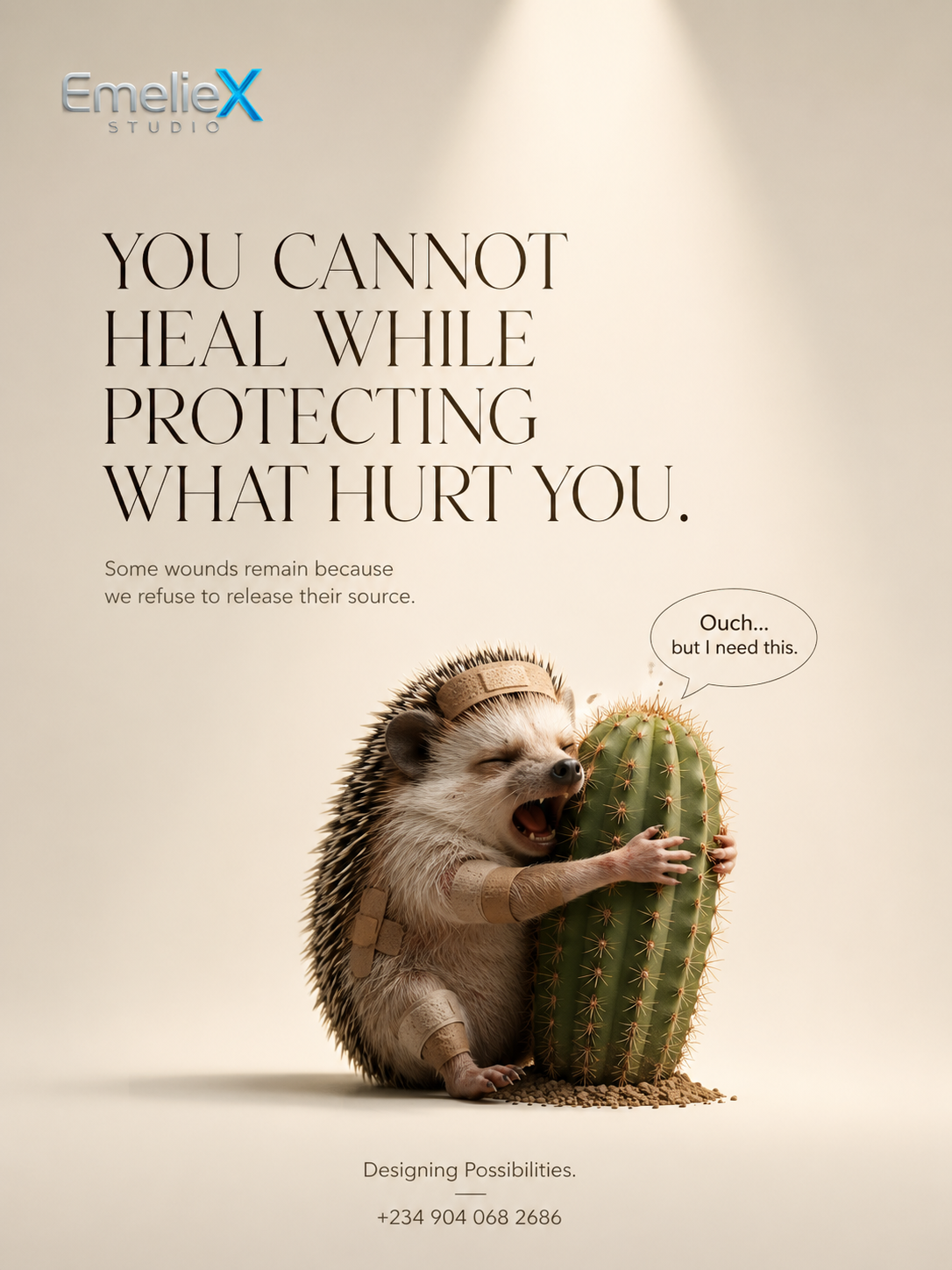 Instagram post: Bandaged hedgehog tearfully hugging a cactus