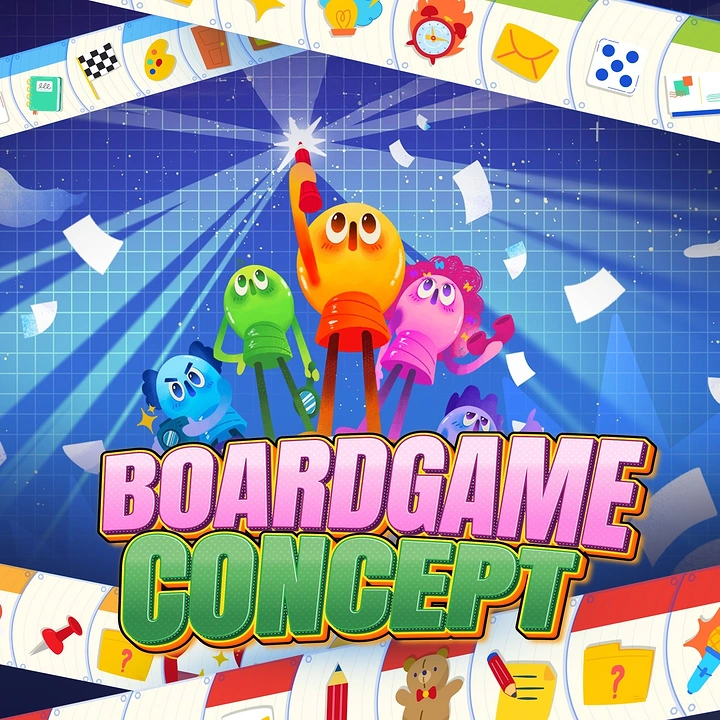Board Games & Game Cafes creative ad: Colorful rocket-powered board-game world