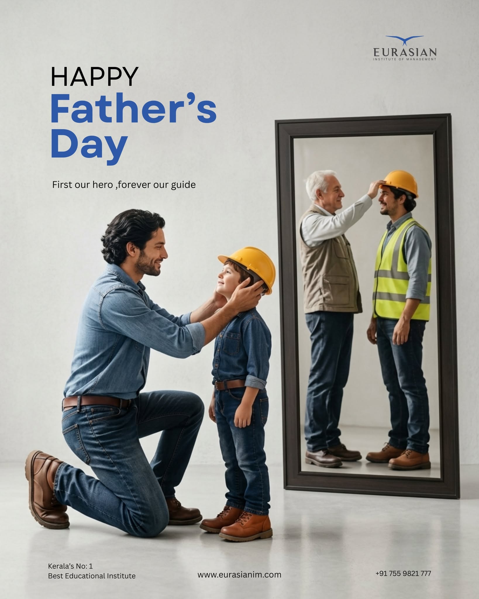 Father putting a hard hat on his son, with the mirror showing them as adults