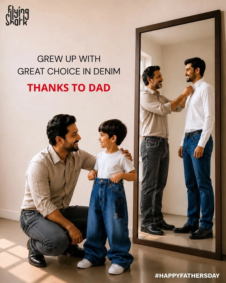 Father's Day creative ad: Father adjusting young son's oversized jeans, mirror reflects them as adults
