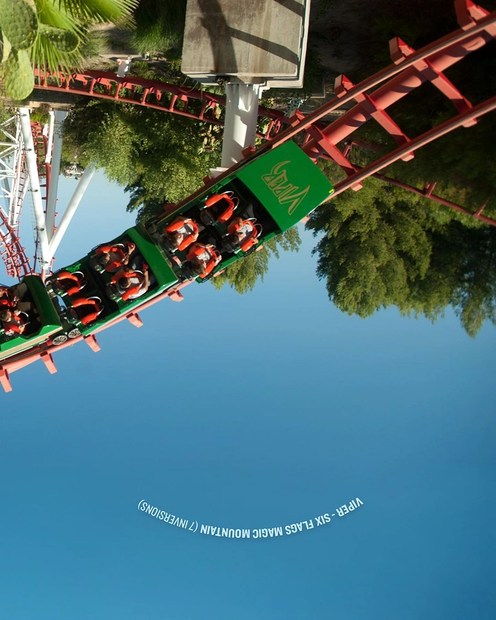 Amusement & Water Parks creative ad: Inverted coaster photo, Viper upside down