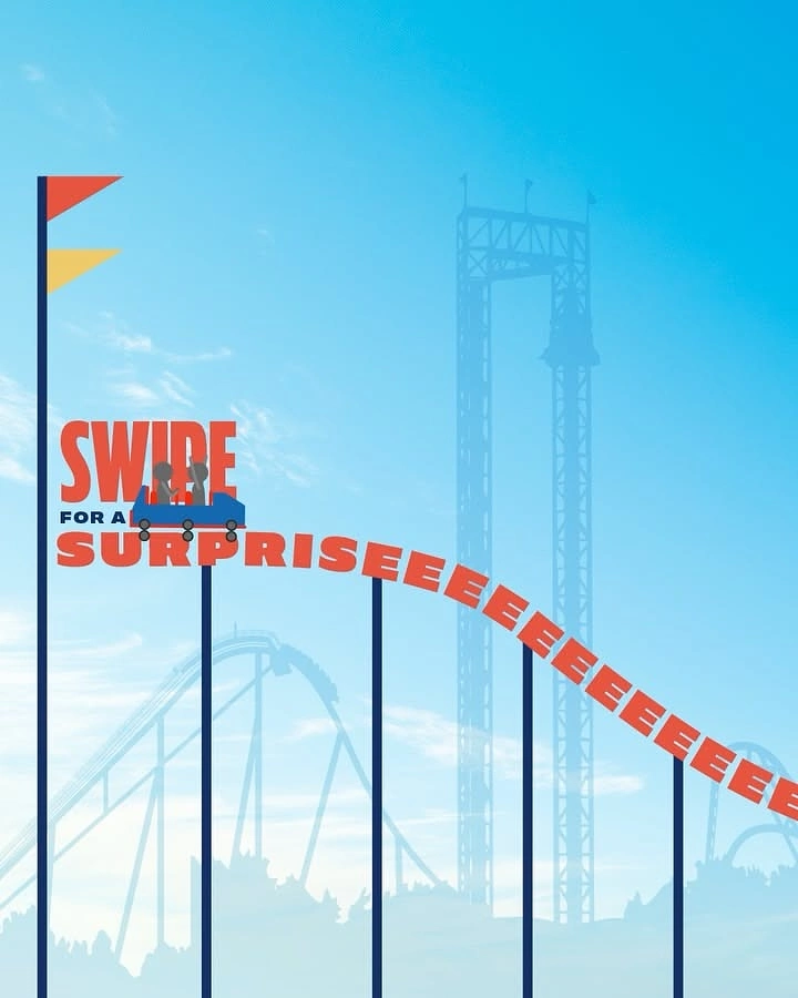 Amusement & Water Parks creative ad: Stretched 'surpriseeee' text becomes coaster track