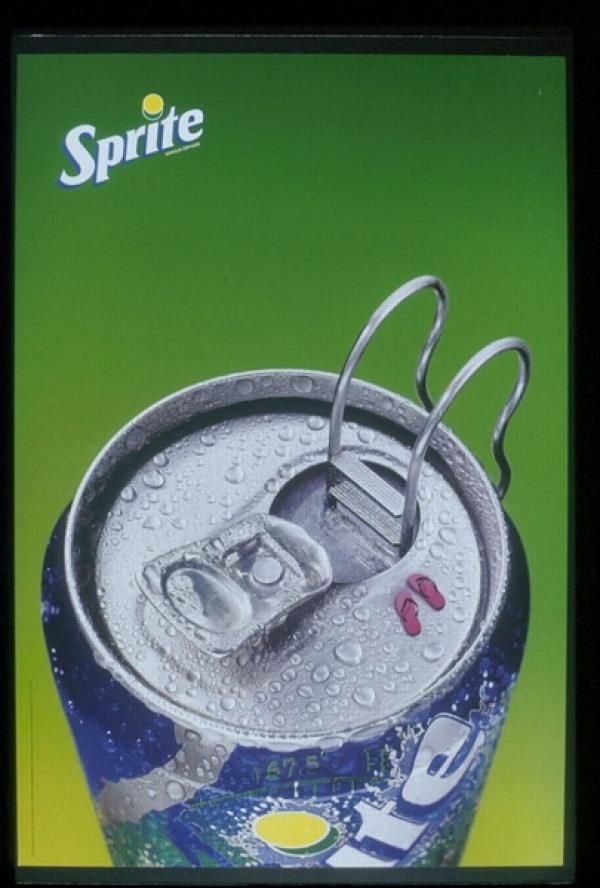 Poster: Chilled soda can top turned into a swimming pool with ladder and flip-flops