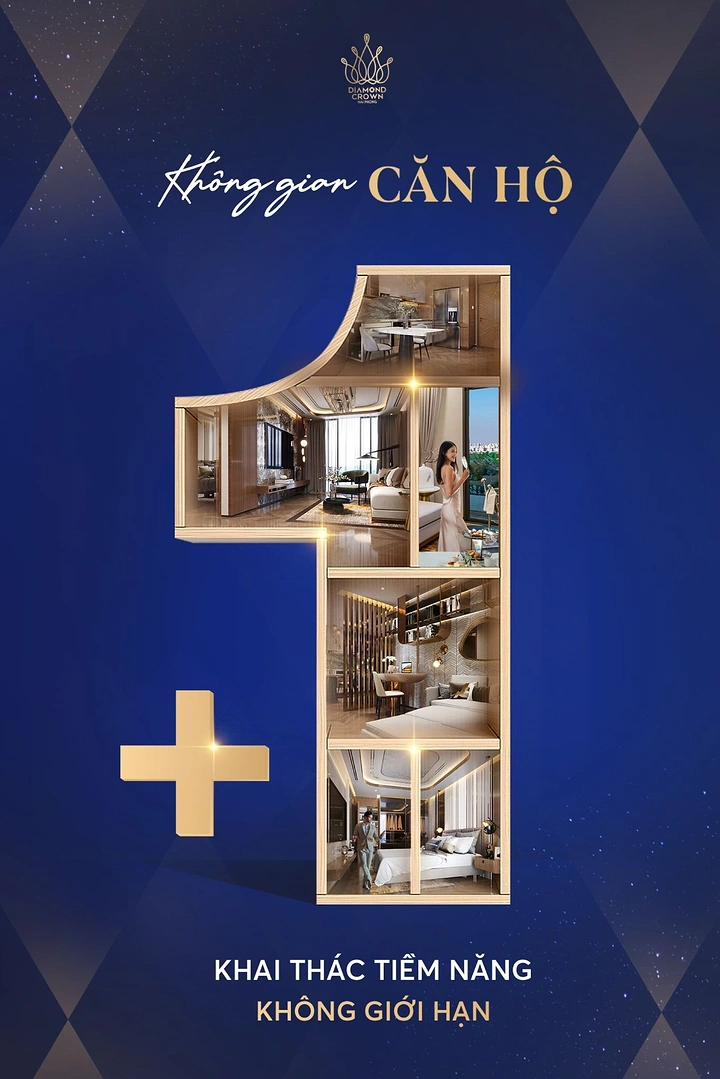 Real Estate creative ad: Giant gold-framed numeral 1 filled with luxury apartment interior renders