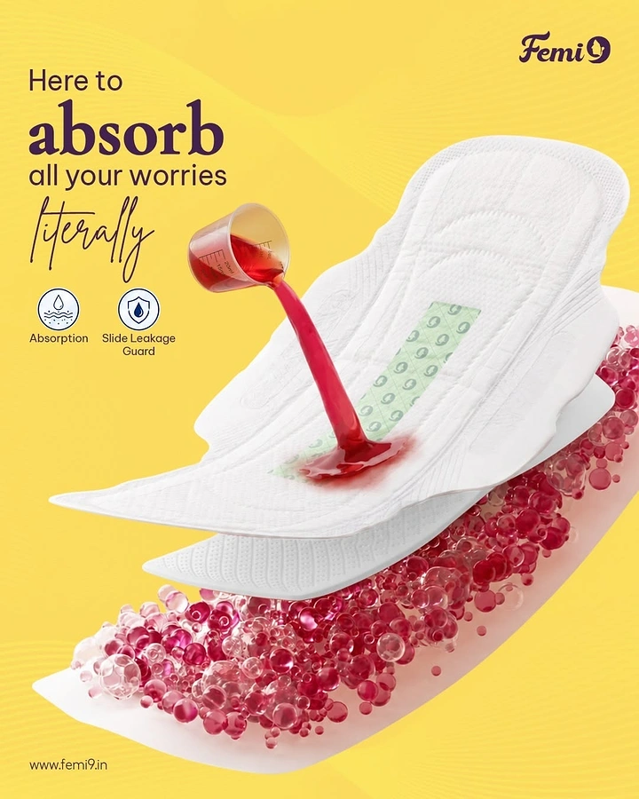 Period Care & Feminine Hygiene creative ad: glitter liquid visually demonstrates absorption