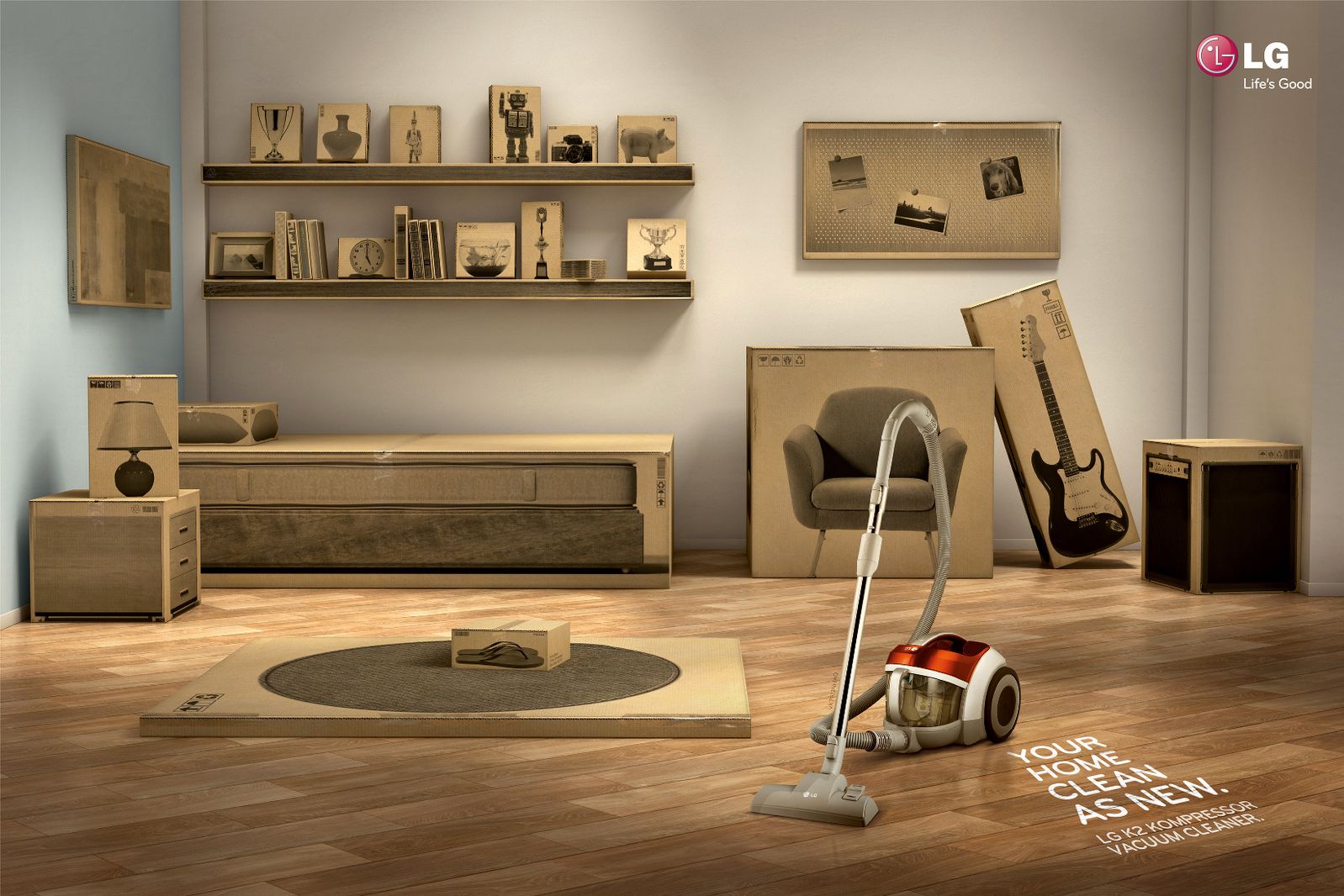 Banner: Room made of cardboard, vacuum clean