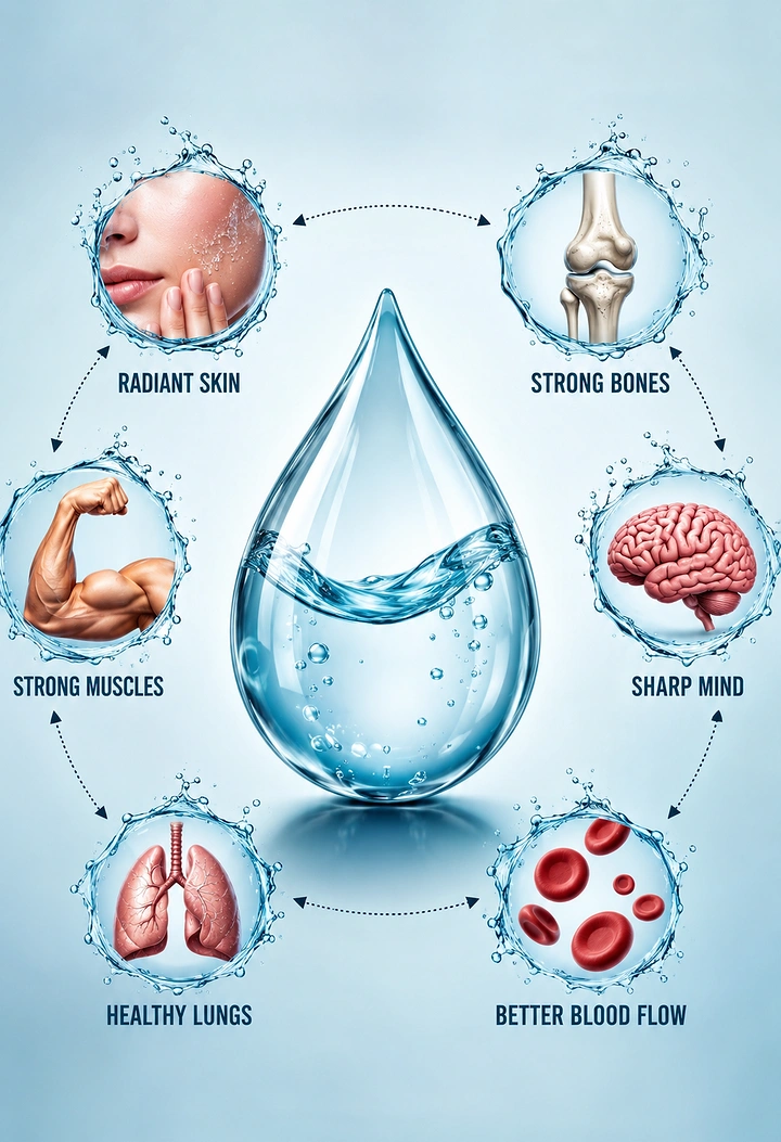 Packaged Drinking Water creative ad: Central droplet connects bodily benefits