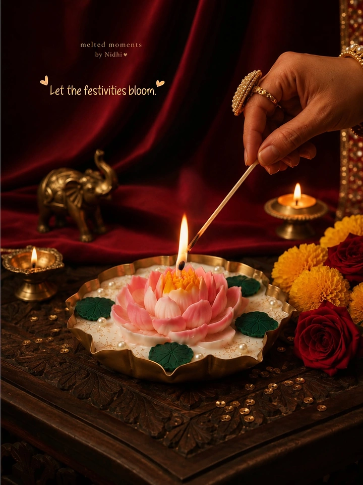 Diwali creative ad: A hand lighting a lotus-shaped diya in an ornate festive arrangement