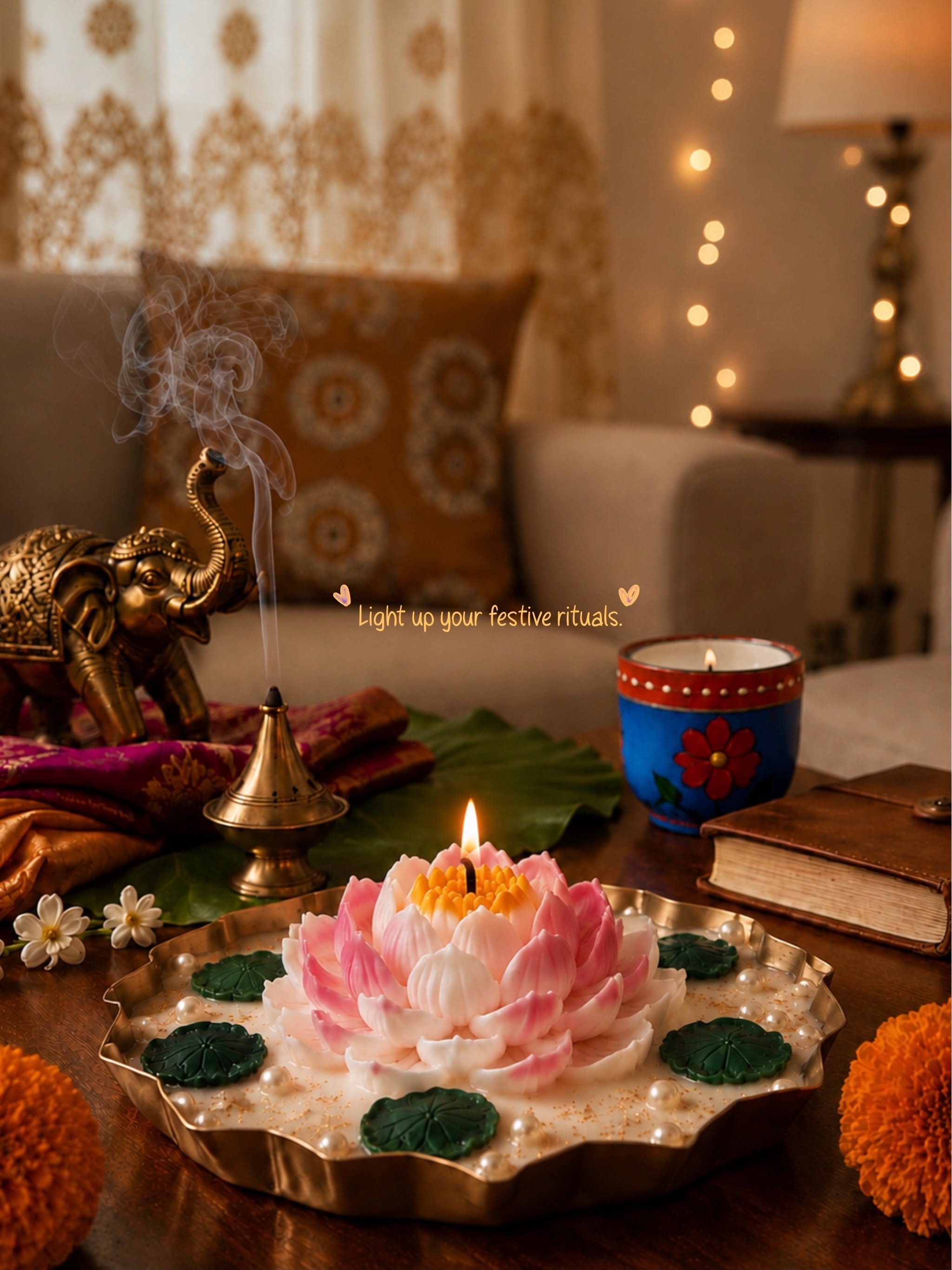Diwali Carousel: A hand lighting a lotus-shaped diya in an ornate festive arrangement, slide 2
