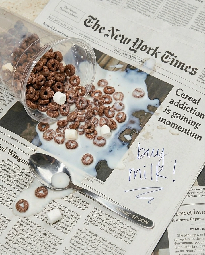 Breakfast Cereals & Oats creative ad: Newspaper frames cereal addiction joke