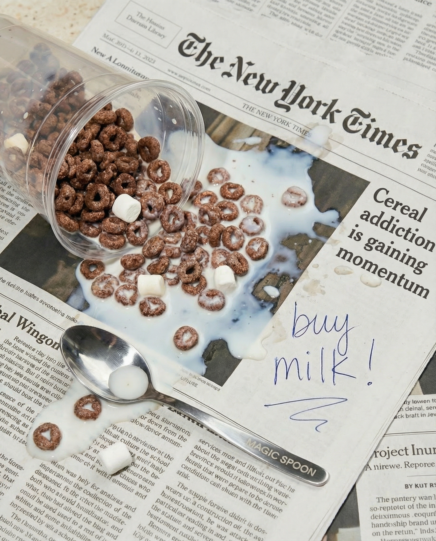 Instagram post: Newspaper frames cereal addiction joke