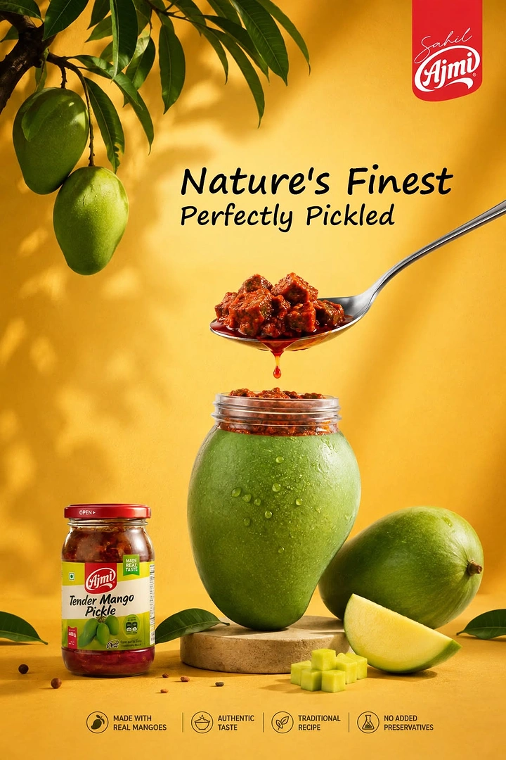 Creative ad: Mango-shaped jar of pickle with a dripping spoonful above it