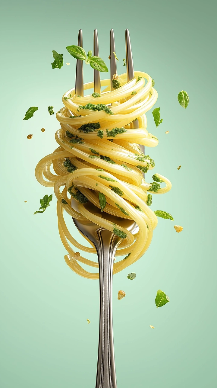 Instant Noodles & Pasta Brands creative ad: Surreal floating fork pasta sculpture