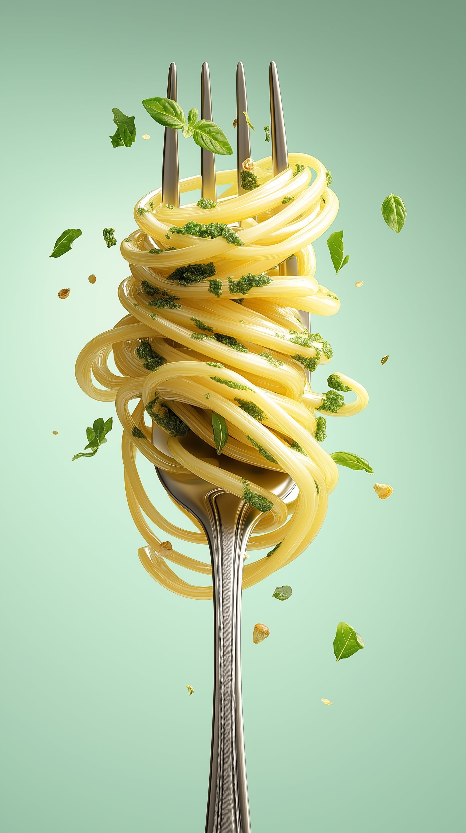 Story: Surreal floating fork pasta sculpture
