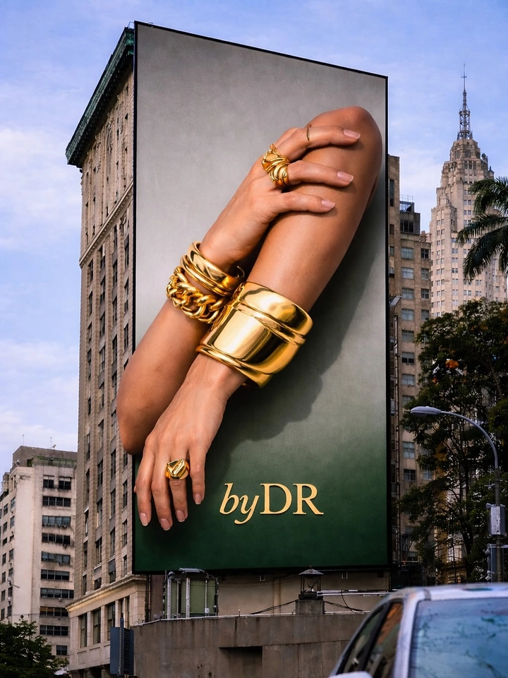 Jewellery creative ad: Crossed arms with gold cuffs popping out of a skyscraper billboard