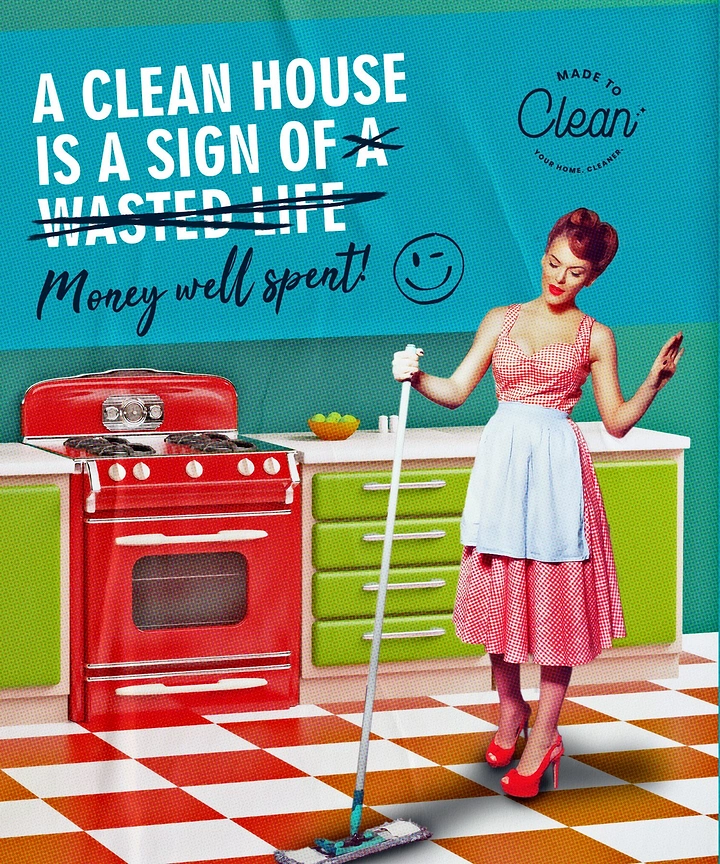 Cleaning Services creative ad: Retro pin-up, struck-out saying rewritten wittily