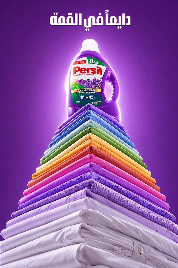 Laundry & Dry Cleaning creative ad: Rainbow folded clothes pyramid raising bottle