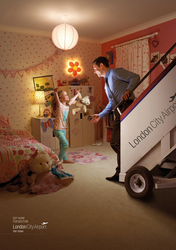 Logistics creative ad: Father stepping off airplane stairs straight into his daughter's bedroom