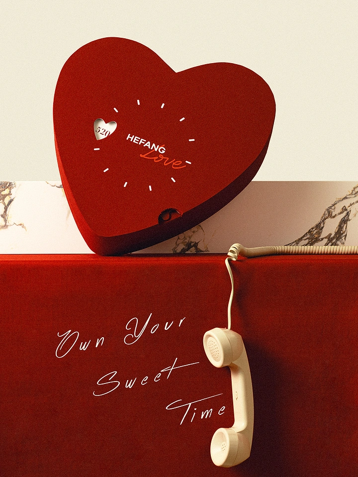 other-festival creative ad: Red velvet heart box styled as a clock beside a dangling retro phone