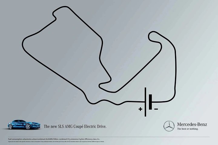 Automotive creative ad: Race circuit line forming an electrical battery circuit