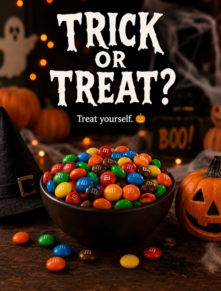 Halloween creative ad: Bowl of colourful candy-coated chocolates