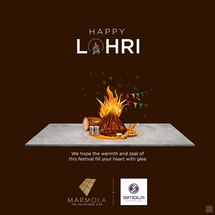 Lohri creative ad: Lohri bonfire scene set on a floating stone tile slab