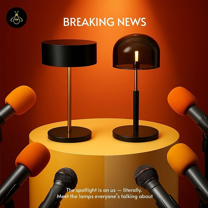 Electrical Goods Stores creative ad: Two table lamps on a podium surrounded by press microphones
