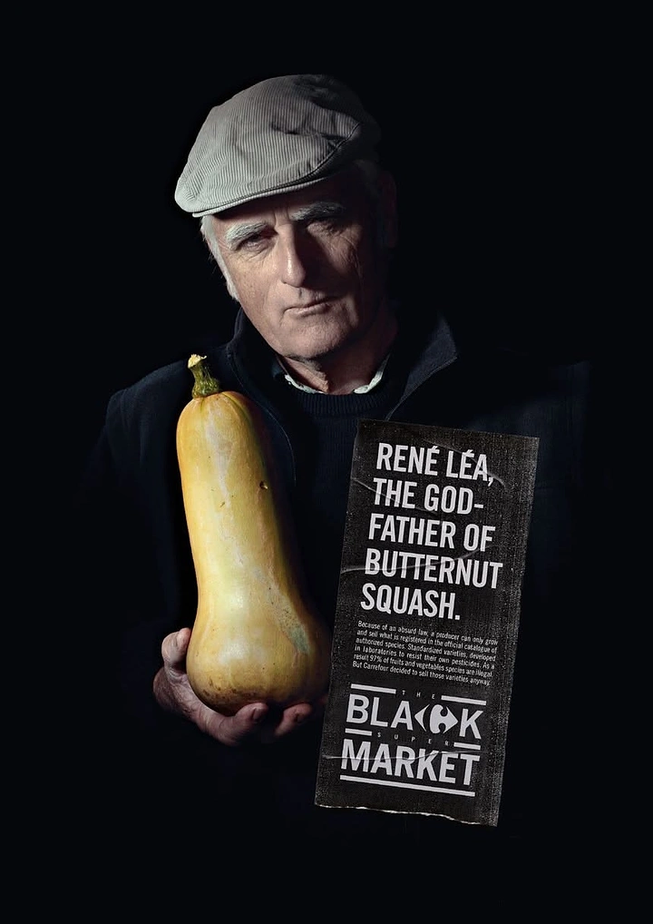 Organic & Farm Produce creative ad: Elderly farmer in a flat cap holding a butternut squash