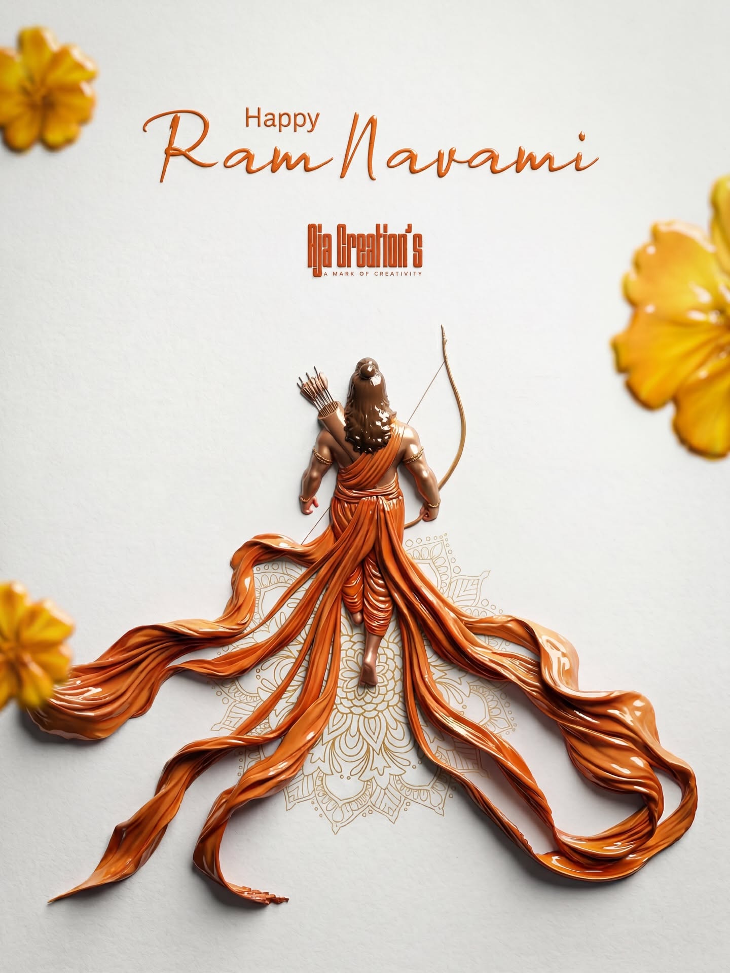 Clay-sculpted archer deity with flowing saffron dhoti