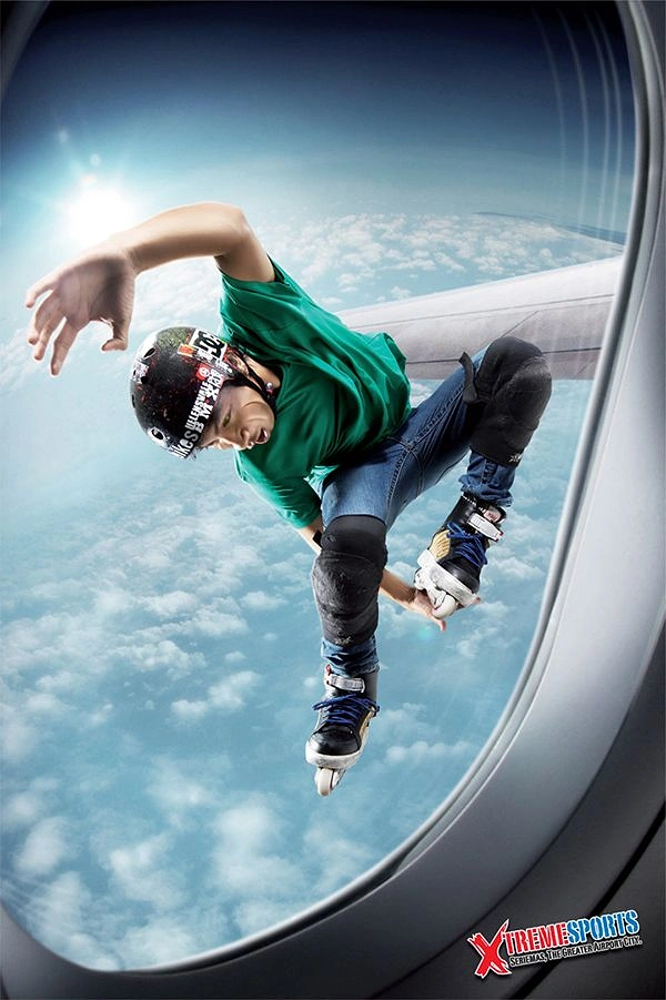 Adventure Sports & Trekking creative ad: Athlete framed through airplane window