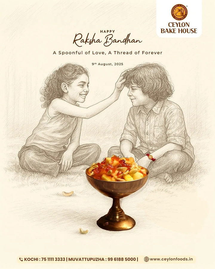 Raksha Bandhan creative ad: Sibling pencil sketch, 'spoonful of love' bakery copy
