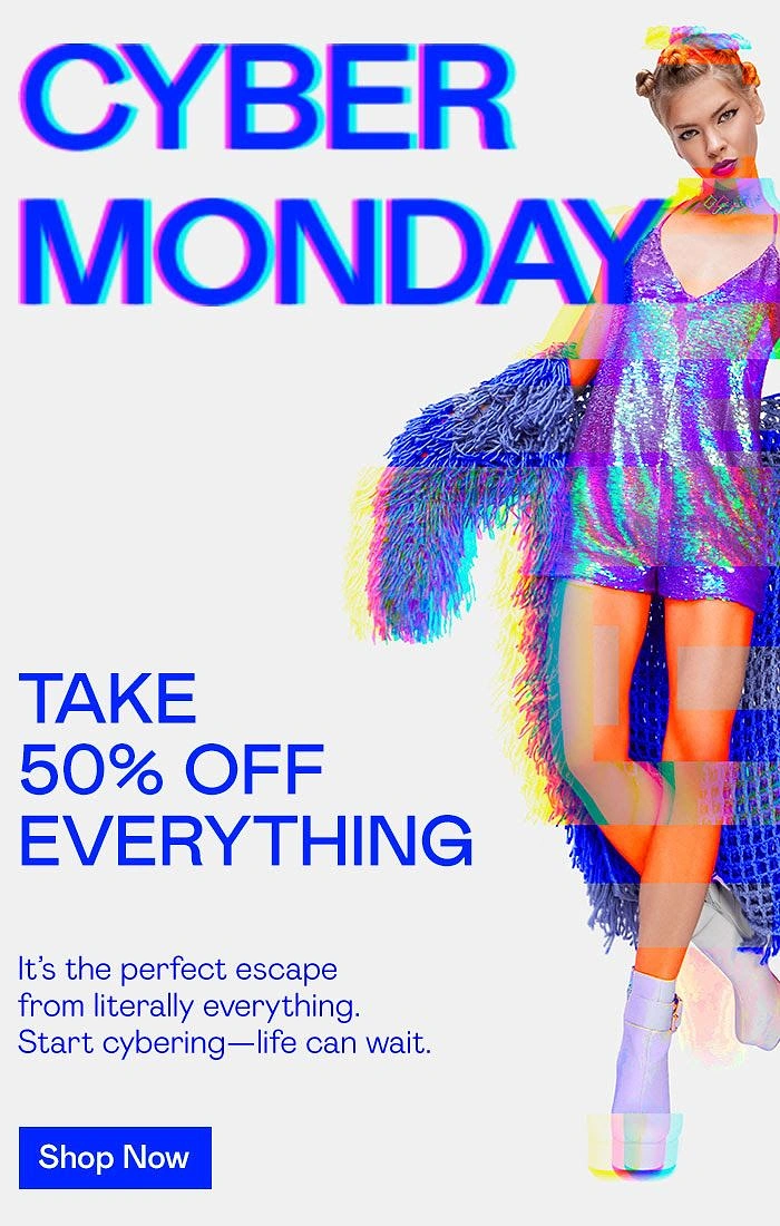 Cyber Monday creative ad: Fashion model in sequin romper with RGB glitch distortion