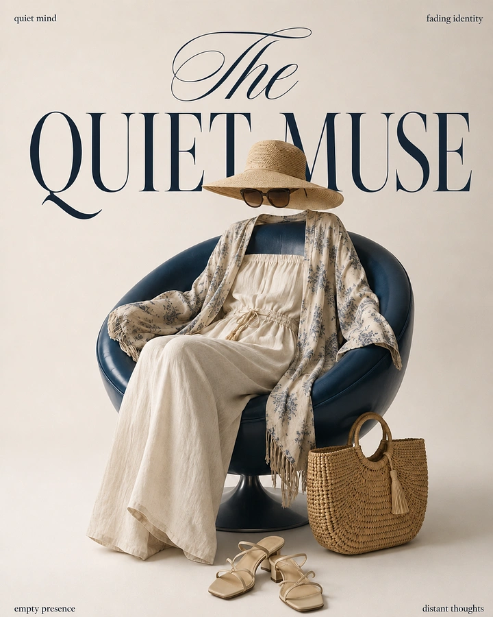 Watches & Accessories creative ad: Headless invisible-body outfit with a straw hat and linen set seated in a navy leather egg chair