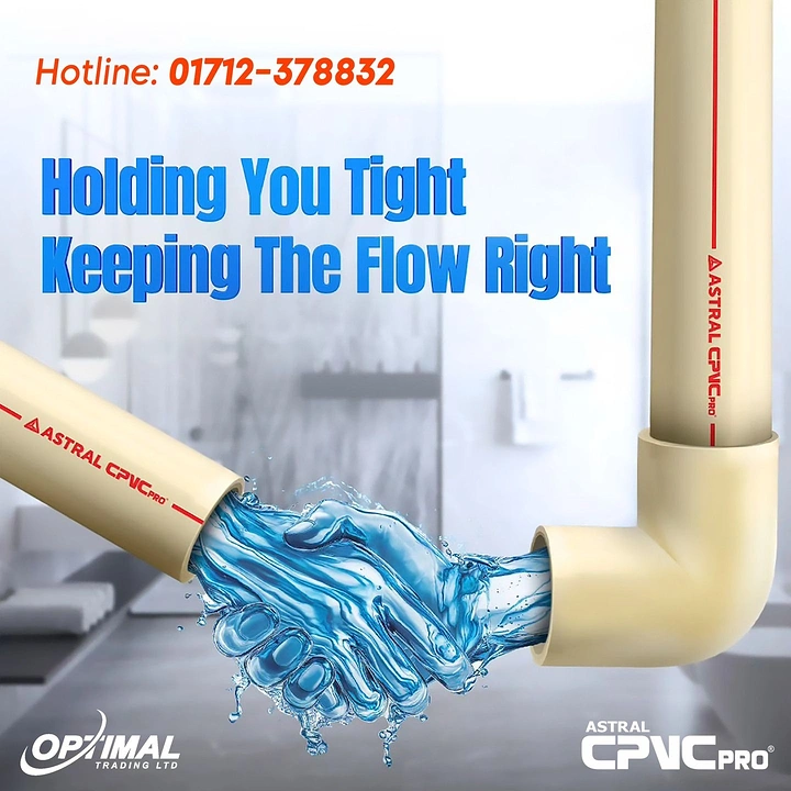 Plumbers creative ad: Water hands shaking inside CPVC pipe joint