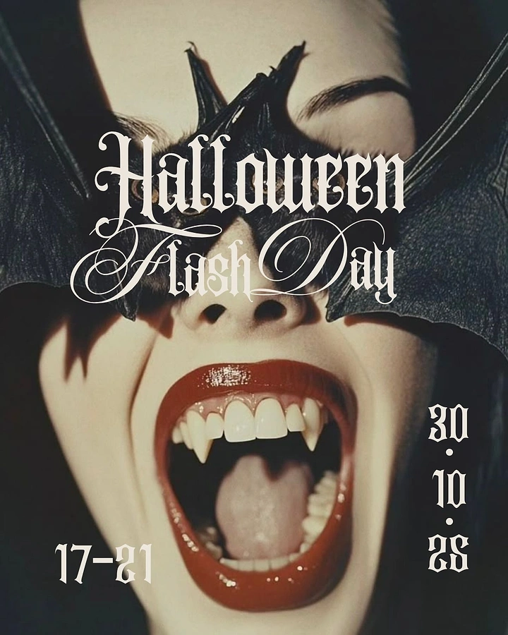 Halloween creative ad: Screaming woman with vampire fangs, bat covering her eyes