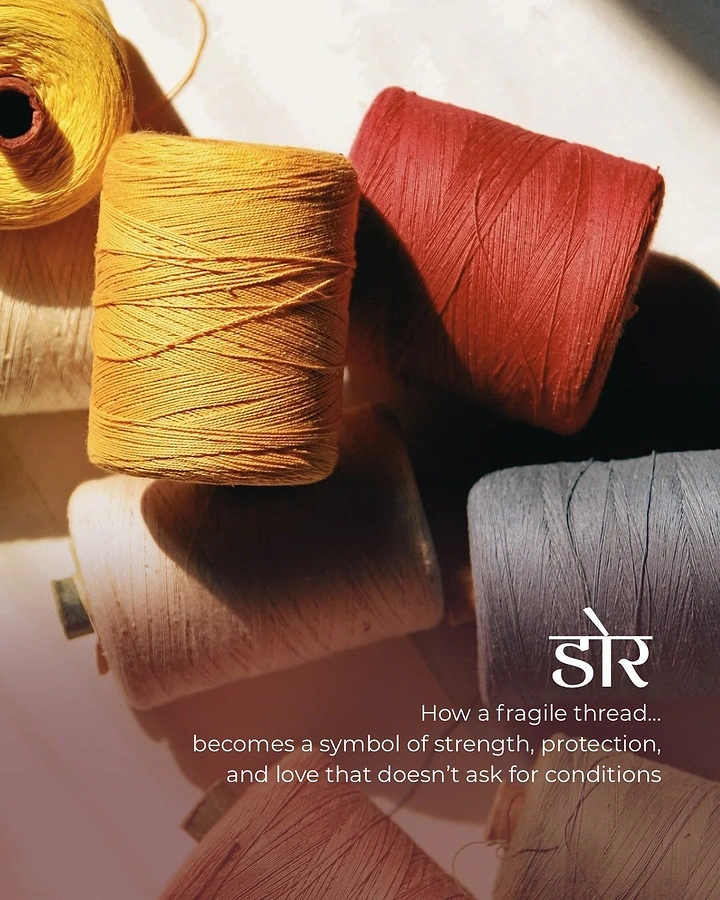 Raksha Bandhan creative ad: Cones of coloured cotton thread in warm sunlight