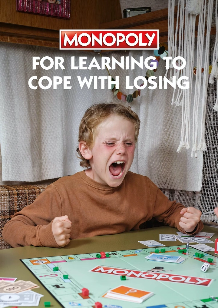 Board Games & Game Cafes creative ad: Witty copy connects Monopoly with losing