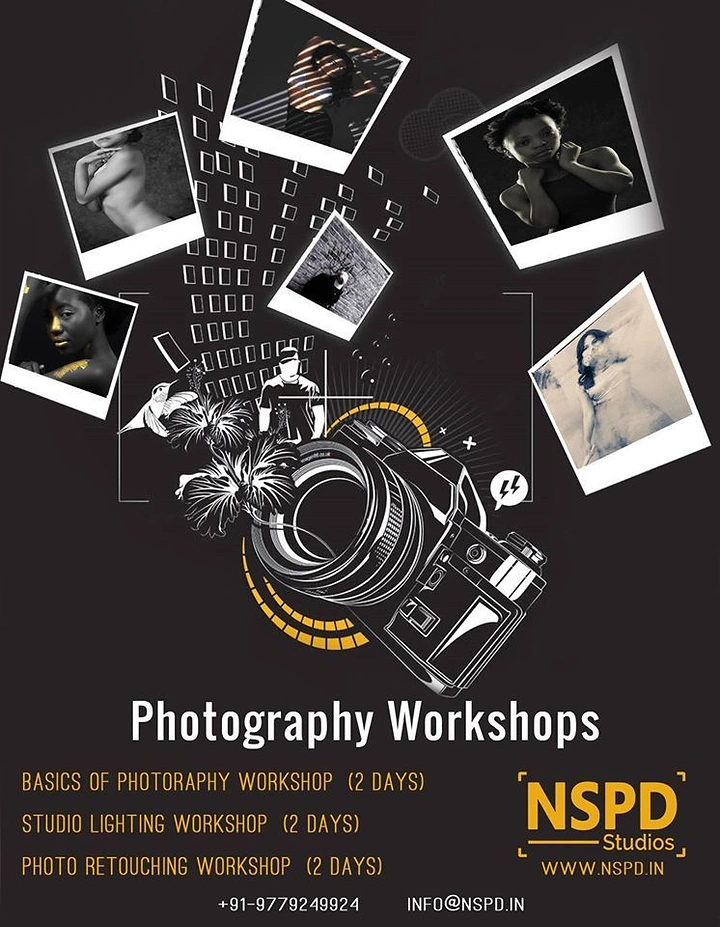 Photography creative ad: Photos bursting from camera, workshop poster